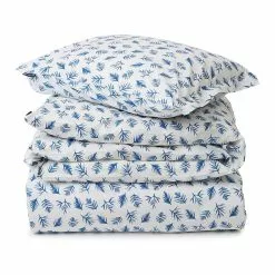 Lexington Blue Printed Leaves Organic Cotton Poplin Vuodevaatteet, 150x210 Cm